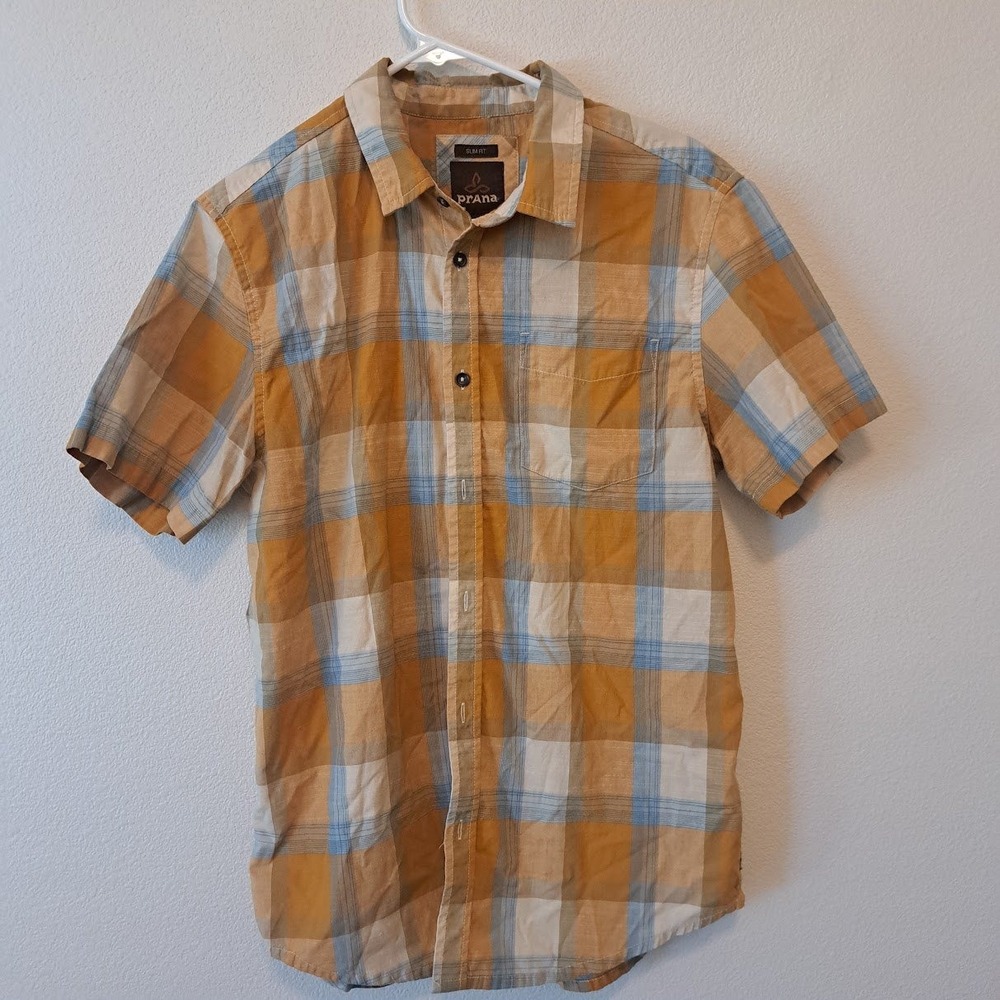 Prana Mens Slim Fit Short Sleeve Plaid Button Down Shirt Mustard Blue Medium